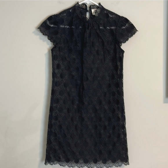 Vintage Milly Of New York Black Thick Lace Overlay Scalloped Mini Shift Dress 2 - Picture 2 of 11
